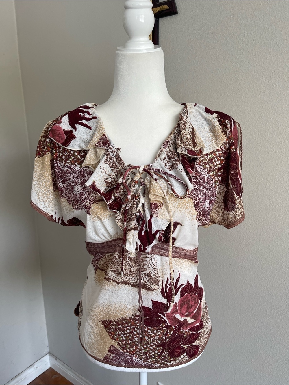 Magic Burgundy and Cream Floral Ruffle Lace-Up Blouse